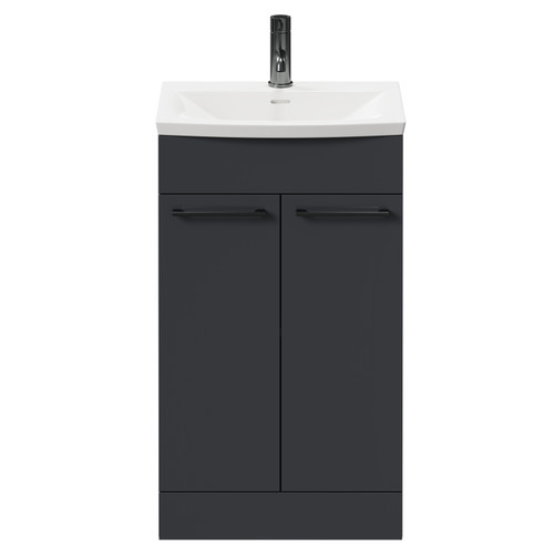 Napoli Gloss Grey 500mm Floor Standing Vanity Unit with 1 Tap Hole Curved Basin and 2 Doors with Gunmetal Grey Handles Front View