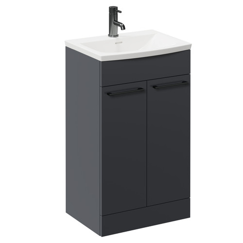 Napoli Gloss Grey 500mm Floor Standing Vanity Unit with 1 Tap Hole Curved Basin and 2 Doors with Gunmetal Grey Handles Left Hand View