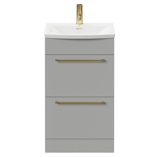 Napoli Gloss Grey Pearl 500mm Floor Standing Vanity Unit with 1 Tap Hole Curved Basin and 2 Drawers with Brushed Brass Handles Front View