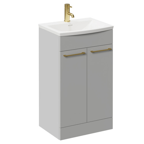 Napoli Gloss Grey Pearl 500mm Floor Standing Vanity Unit with 1 Tap Hole Curved Basin and 2 Doors with Brushed Brass Handles Left Hand View