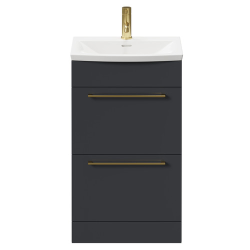 Napoli Gloss Grey 500mm Floor Standing Vanity Unit with 1 Tap Hole Curved Basin and 2 Drawers with Brushed Brass Handles Front View