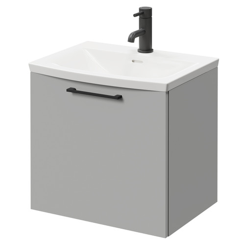 Napoli Gloss Grey Pearl 500mm Wall Mounted Vanity Unit with 1 Tap Hole Curved Basin and Single Drawer with Matt Black Handle Right Hand View