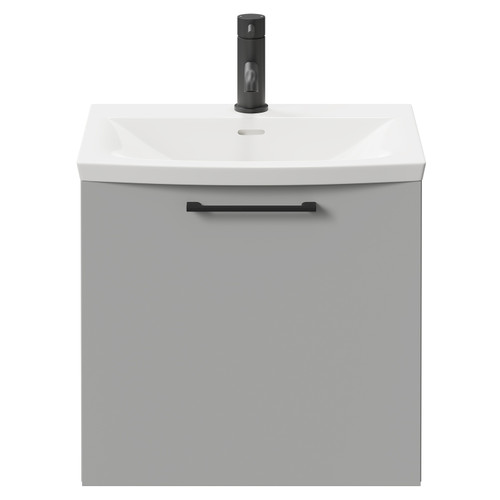 Napoli Gloss Grey Pearl 500mm Wall Mounted Vanity Unit with 1 Tap Hole Curved Basin and Single Drawer with Matt Black Handle Front View