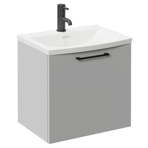 Napoli Gloss Grey Pearl 500mm Wall Mounted Vanity Unit with 1 Tap Hole Curved Basin and Single Drawer with Matt Black Handle Left Hand View