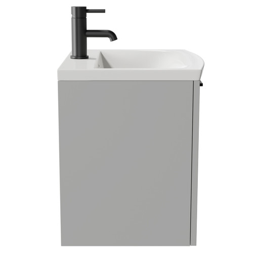 Napoli Gloss Grey Pearl 500mm Wall Mounted Vanity Unit with 1 Tap Hole Curved Basin and Single Drawer with Matt Black Handle Side View