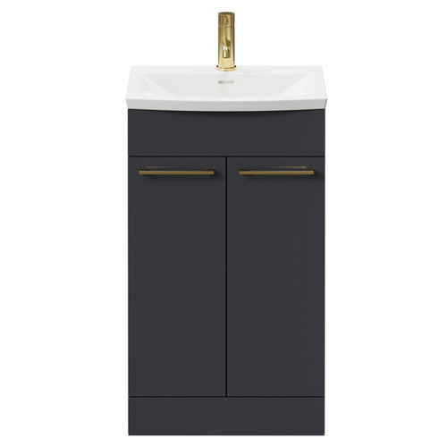 Napoli Gloss Grey 500mm Floor Standing Vanity Unit with 1 Tap Hole Curved Basin and 2 Doors with Brushed Brass Handles Front View Napoli Gloss Grey 500mm Floor Standing Vanity Unit with 1 Tap Hole Curved Basin and 2 Doors with Brushed Brass Handles Front View