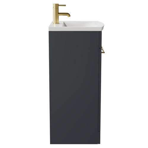 Napoli Gloss Grey 500mm Floor Standing Vanity Unit with 1 Tap Hole Curved Basin and 2 Doors with Brushed Brass Handles Side View Napoli Gloss Grey 500mm Floor Standing Vanity Unit with 1 Tap Hole Curved Basin and 2 Doors with Brushed Brass Handles Side View