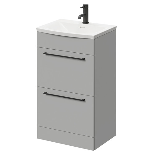 Napoli Gloss Grey Pearl 500mm Floor Standing Vanity Unit with 1 Tap Hole Curved Basin and 2 Drawers with Matt Black Handles Right Hand View