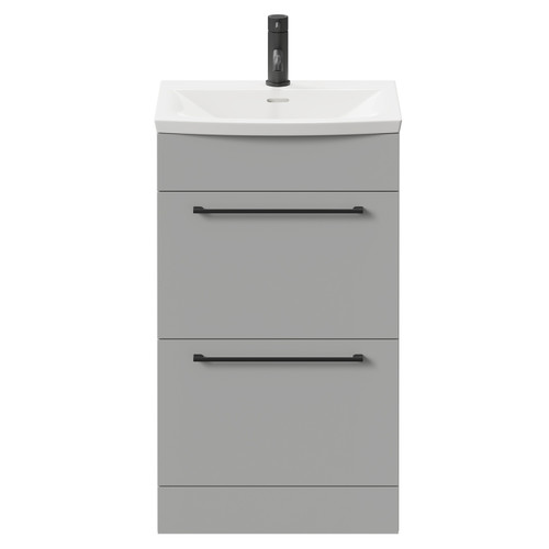 Napoli Gloss Grey Pearl 500mm Floor Standing Vanity Unit with 1 Tap Hole Curved Basin and 2 Drawers with Matt Black Handles Front View