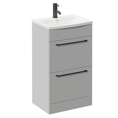 Napoli Gloss Grey Pearl 500mm Floor Standing Vanity Unit with 1 Tap Hole Curved Basin and 2 Drawers with Matt Black Handles Left Hand View