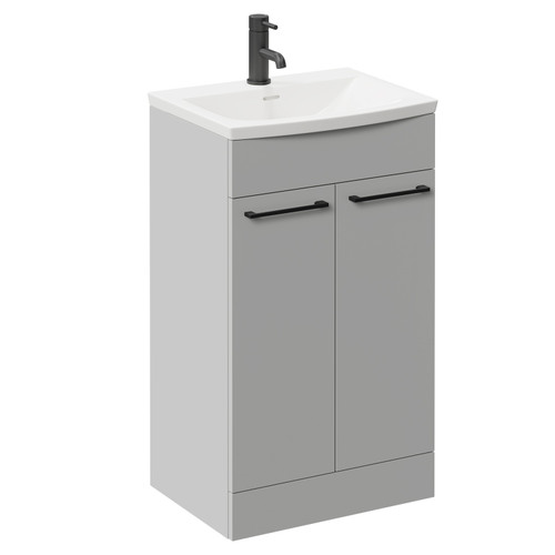 Napoli Gloss Grey Pearl 500mm Floor Standing Vanity Unit with 1 Tap Hole Curved Basin and 2 Doors with Matt Black Handles Left Hand View