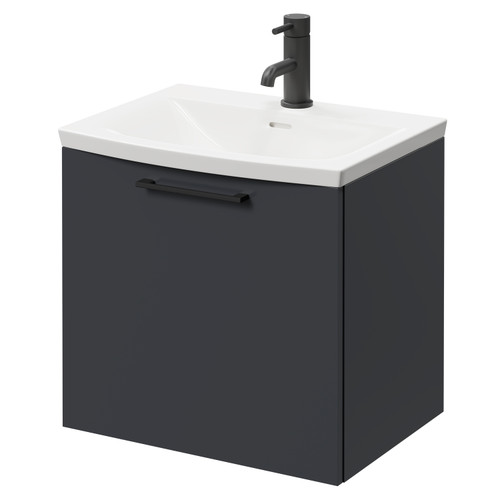 Napoli Gloss Grey 500mm Wall Mounted Vanity Unit with 1 Tap Hole Curved Basin and Single Drawer with Matt Black Handle Right Hand View