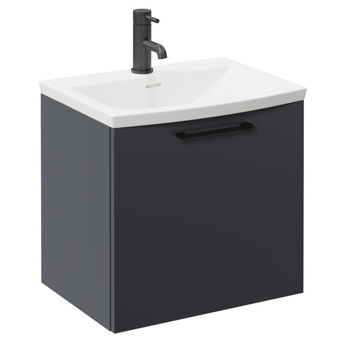 Napoli Gloss Grey 500mm Wall Mounted Vanity Unit with 1 Tap Hole Curved Basin and Single Drawer with Matt Black Handle Left Hand View