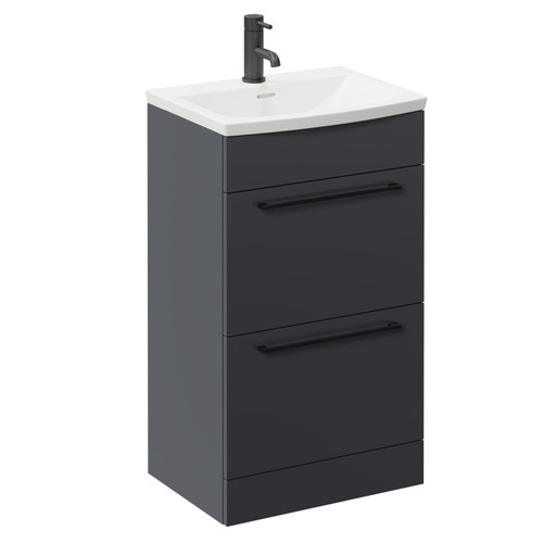 Napoli Gloss Grey 500mm Floor Standing Vanity Unit with 1 Tap Hole Curved Basin and 2 Drawers with Matt Black Handles Left Hand View