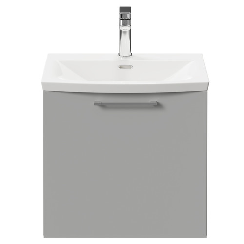 Napoli Gloss Grey Pearl 500mm Wall Mounted Vanity Unit with 1 Tap Hole Curved Basin and Single Drawer with Polished Chrome Handle Front View