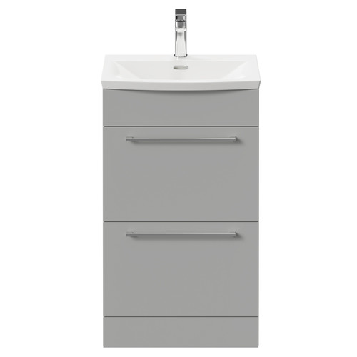 Napoli Gloss Grey Pearl 500mm Floor Standing Vanity Unit with 1 Tap Hole Curved Basin and 2 Drawers with Polished Chrome Handles Front View
