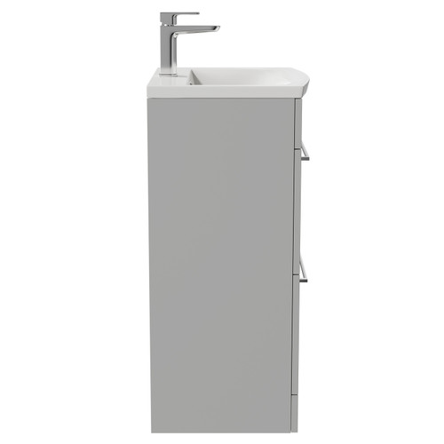 Napoli Gloss Grey Pearl 500mm Floor Standing Vanity Unit with 1 Tap Hole Curved Basin and 2 Drawers with Polished Chrome Handles Side View