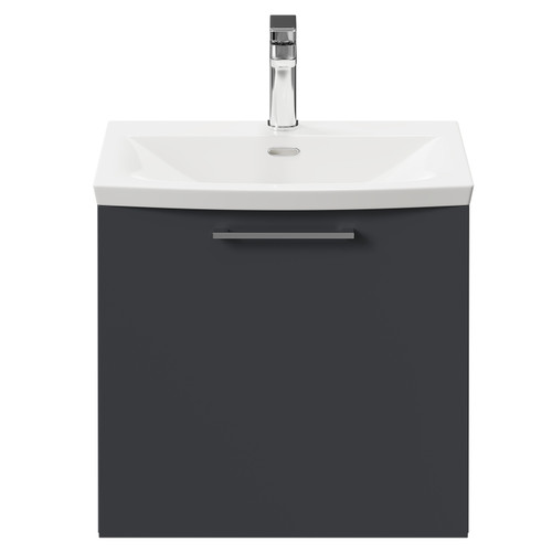 Napoli Gloss Grey 500mm Wall Mounted Vanity Unit with 1 Tap Hole Curved Basin and Single Drawer with Polished Chrome Handle Front View