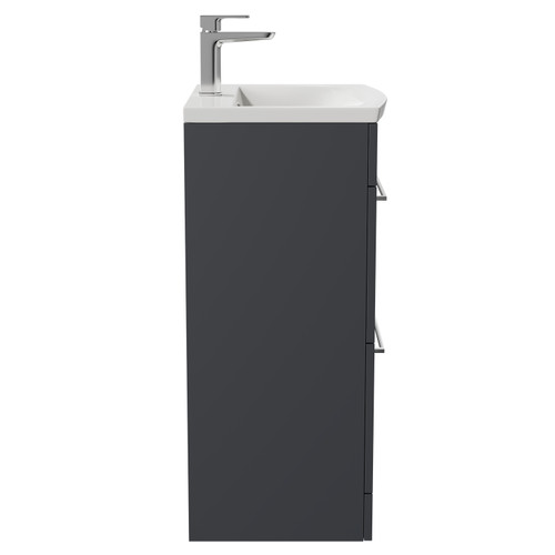 Napoli Gloss Grey 500mm Floor Standing Vanity Unit with 1 Tap Hole Curved Basin and 2 Drawers with Polished Chrome Handles Side View