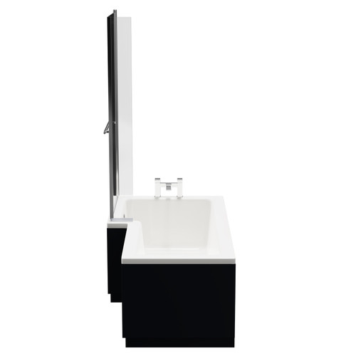 Loire 1700mm Left Hand L Shaped Shower Bath with Polished Chrome Towel Rail Bath Screen and Deep Blue Front and End Bath Panels Side View