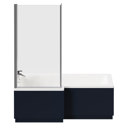 Loire 1700mm Left Hand L Shaped Shower Bath with Polished Chrome Bath Screen and Deep Blue Front and End Bath Panels Front View