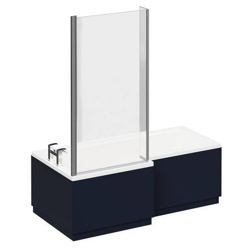 Loire 1700mm Left Hand L Shaped Shower Bath with Polished Chrome Bath Screen and Deep Blue Front and End Bath Panels Left Hand View