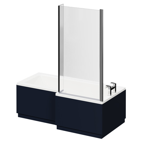 Loire 1700mm Right Hand L Shaped Shower Bath with Polished Chrome Bath Screen and Deep Blue Front and End Bath Panels Right Hand View