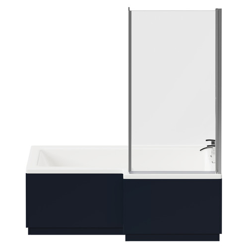 Loire 1700mm Right Hand L Shaped Shower Bath with Polished Chrome Bath Screen and Deep Blue Front and End Bath Panels Front View
