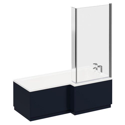 Loire 1700mm Right Hand L Shaped Shower Bath with Polished Chrome Bath Screen and Deep Blue Front and End Bath Panels Left Hand View