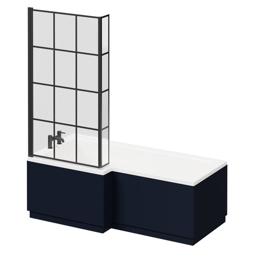 Loire 1700mm Left Hand L Shaped Shower Bath with Matt Black Bath Screen and Deep Blue Front and End Bath Panels Right Hand View