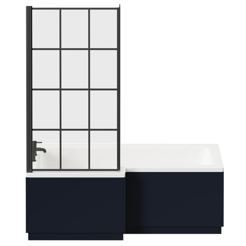 Loire 1700mm Left Hand L Shaped Shower Bath with Matt Black Bath Screen and Deep Blue Front and End Bath Panels Front View