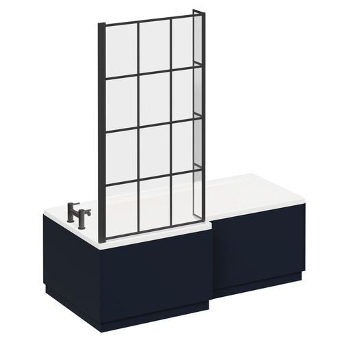 Loire 1700mm Left Hand L Shaped Shower Bath with Matt Black Bath Screen and Deep Blue Front and End Bath Panels Left Hand View