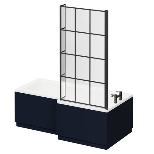 Loire 1700mm Right Hand L Shaped Shower Bath with Matt Black Bath Screen and Deep Blue Front and End Bath Panels Right Hand View