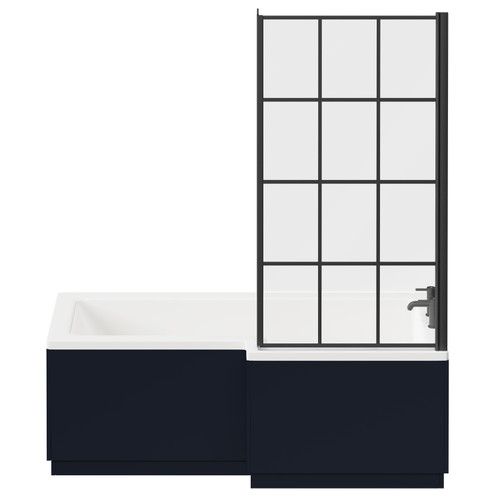 Loire 1700mm Right Hand L Shaped Shower Bath with Matt Black Bath Screen and Deep Blue Front and End Bath Panels Front View