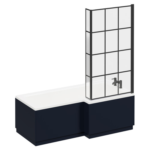 Loire 1700mm Right Hand L Shaped Shower Bath with Matt Black Bath Screen and Deep Blue Front and End Bath Panels Left Hand View