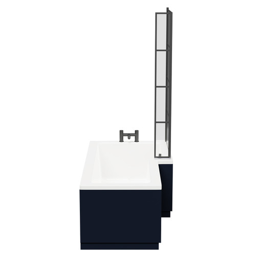 Loire 1700mm Right Hand L Shaped Shower Bath with Matt Black Bath Screen and Deep Blue Front and End Bath Panels Side View