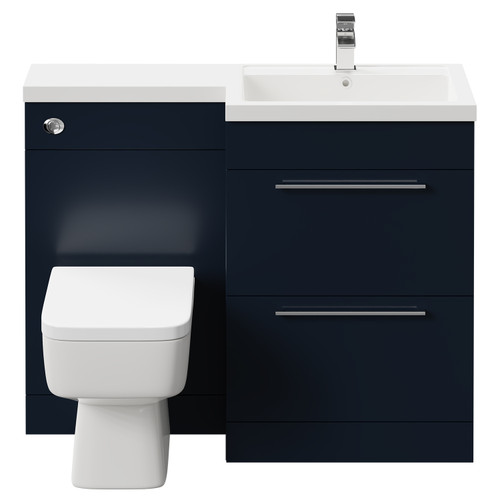 Napoli Combination Deep Blue 1100mm Vanity Unit Toilet Suite with Right Hand L Shaped 1 Tap Hole Basin and 2 Drawers with Polished Chrome Handles Front View