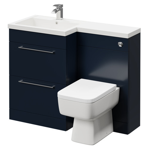 Napoli Combination Deep Blue 1100mm Vanity Unit Toilet Suite with Left Hand L Shaped 1 Tap Hole Basin and 2 Drawers with Polished Chrome Handles Right Hand Side View