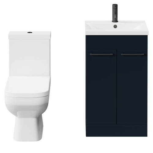 Turin Deep Blue 500mm Floor Standing Vanity Unit and Toilet Suite with 1 Tap Hole Basin and 2 Doors with Matt Black Handles Front View