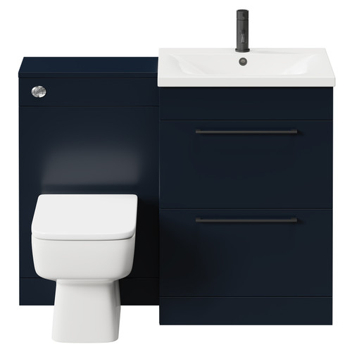 Napoli Deep Blue 1100mm Vanity Unit Toilet Suite with 1 Tap Hole Basin and 2 Drawers with Matt Black Handles Front View