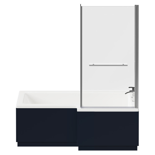 Loire 1700mm Right Hand L Shaped Shower Bath with Polished Chrome Towel Rail Bath Screen and Deep Blue Front and End Bath Panels Front View