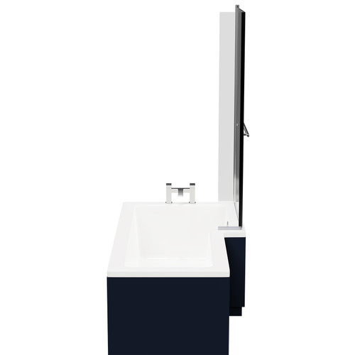 Loire 1700mm Right Hand L Shaped Shower Bath with Polished Chrome Towel Rail Bath Screen and Deep Blue Front and End Bath Panels Side View