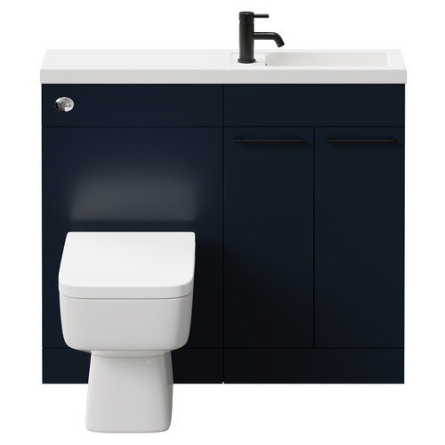 Napoli Combination Deep Blue 1000mm Vanity Unit Toilet Suite with Slimline 1 Tap Hole Basin and 2 Doors with Matt Black Handles Front View