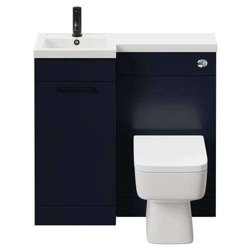 Napoli Combination Deep Blue 900mm Vanity Unit Toilet Suite with Left Hand L Shaped 1 Tap Hole Basin and Single Door with Matt Black Handle Front View