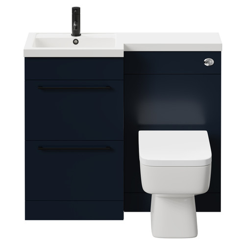 Napoli Combination Deep Blue 1000mm Vanity Unit Toilet Suite with Left Hand L Shaped 1 Tap Hole Basin and 2 Drawers with Matt Black Handles Front View