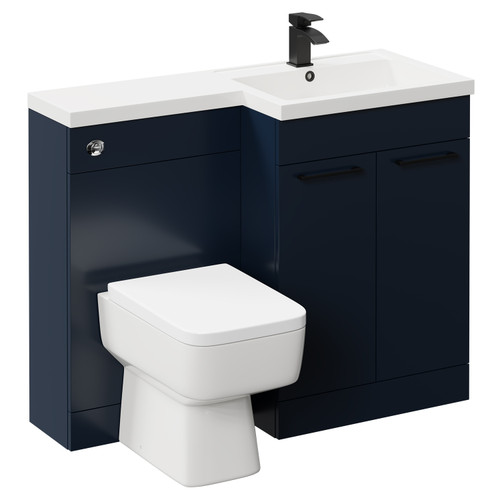 Napoli Combination Deep Blue 1100mm Vanity Unit Toilet Suite with Right Hand L Shaped 1 Tap Hole Basin and 2 Doors with Matt Black Handles Left Hand Side View