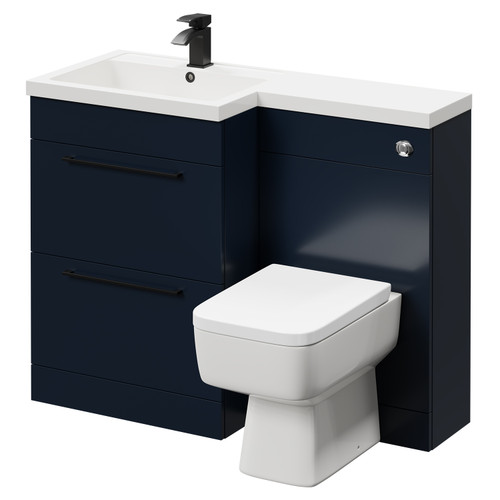 Napoli Combination Deep Blue 1100mm Vanity Unit Toilet Suite with Left Hand L Shaped 1 Tap Hole Basin and 2 Drawers with Matt Black Handles Right Hand Side View