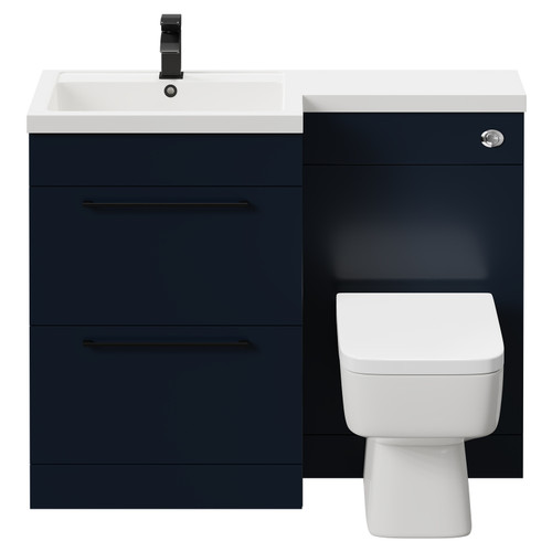 Napoli Combination Deep Blue 1100mm Vanity Unit Toilet Suite with Left Hand L Shaped 1 Tap Hole Basin and 2 Drawers with Matt Black Handles Front View