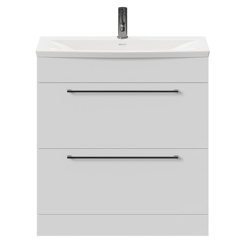 Napoli Gloss White 800mm Floor Standing Vanity Unit with 1 Tap Hole Curved Basin and 2 Drawers with Gunmetal Grey Handles Front View