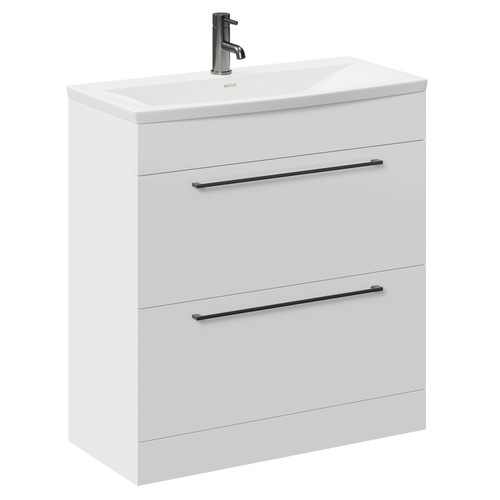 Napoli Gloss White 800mm Floor Standing Vanity Unit with 1 Tap Hole Curved Basin and 2 Drawers with Gunmetal Grey Handles Left Hand View